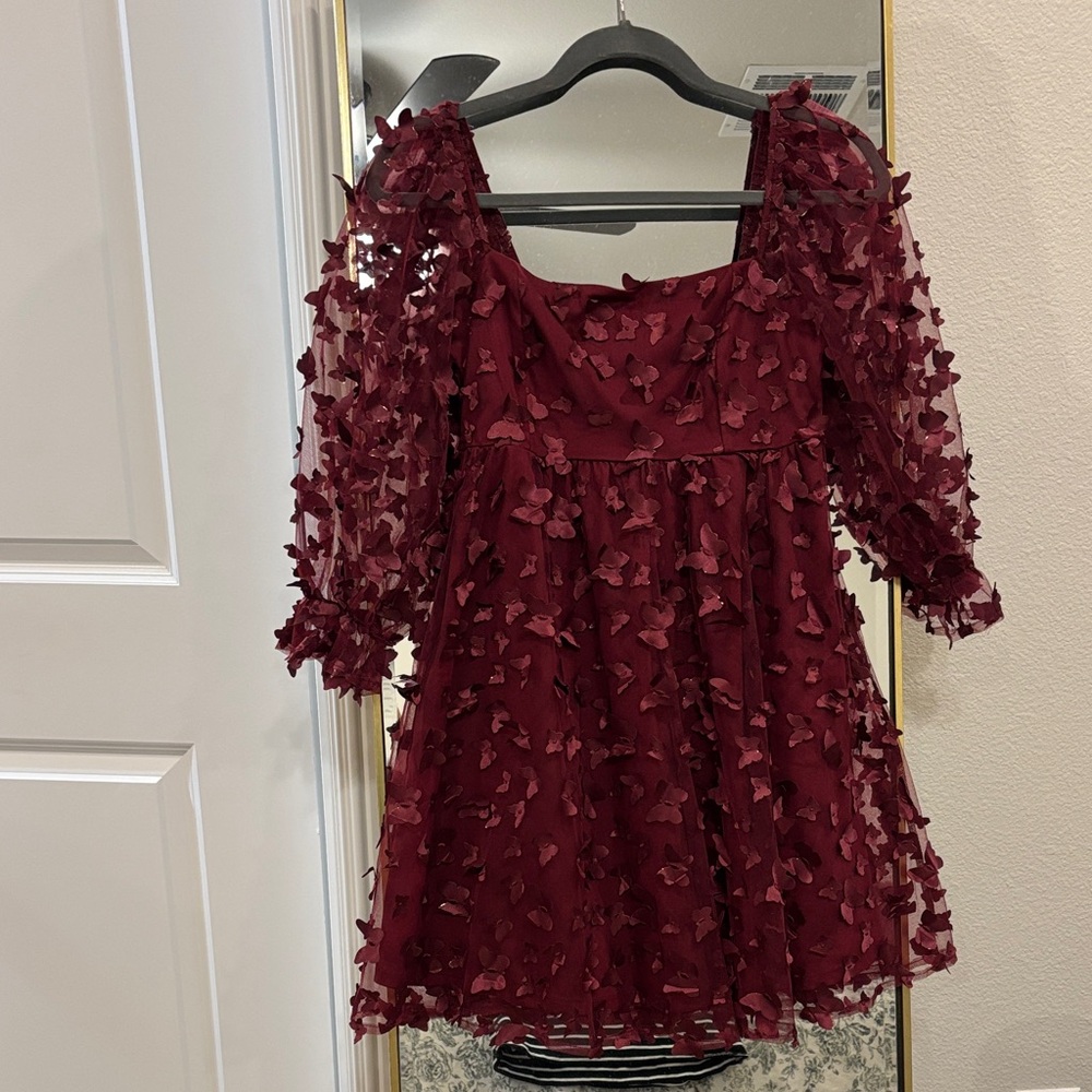 Women's Burgundy Butterfly Appliqué Mini Dress